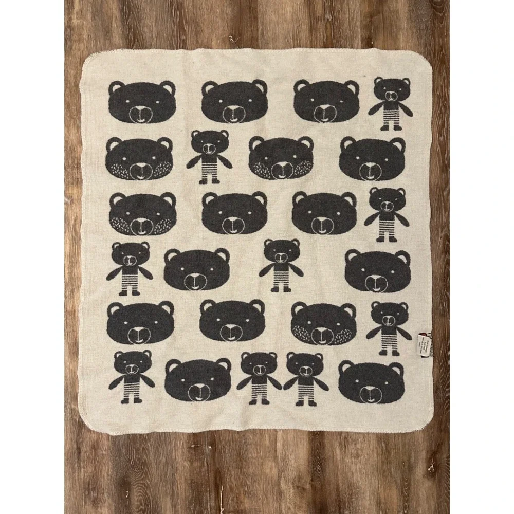 David Fussenegger Baby Blanket‎ Bears Grey Cream Reversible Austria 26x26